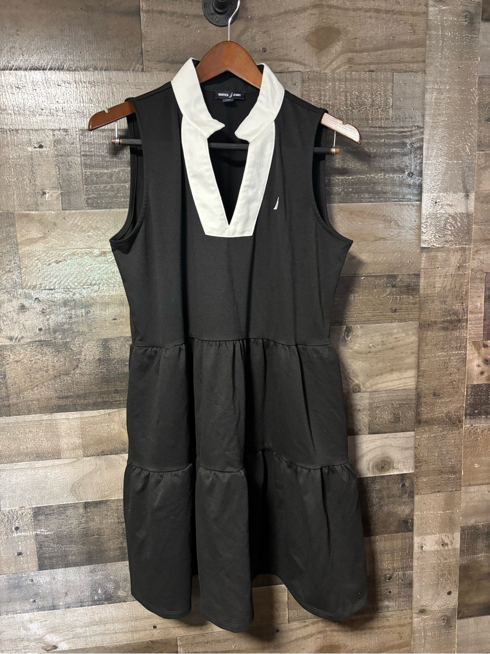 Nautica Black Sleeveless Tiered Dress with White V-Collar
